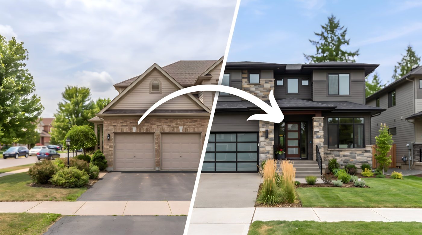 An older home on the left and a new modern home on the right, with an arrow showing a move