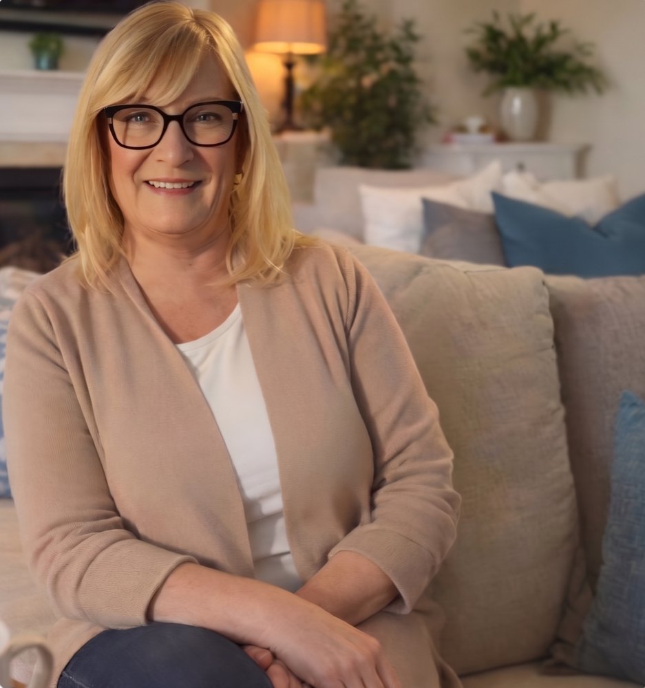 Smiling woman sitting on a sofa in a cosy living room
