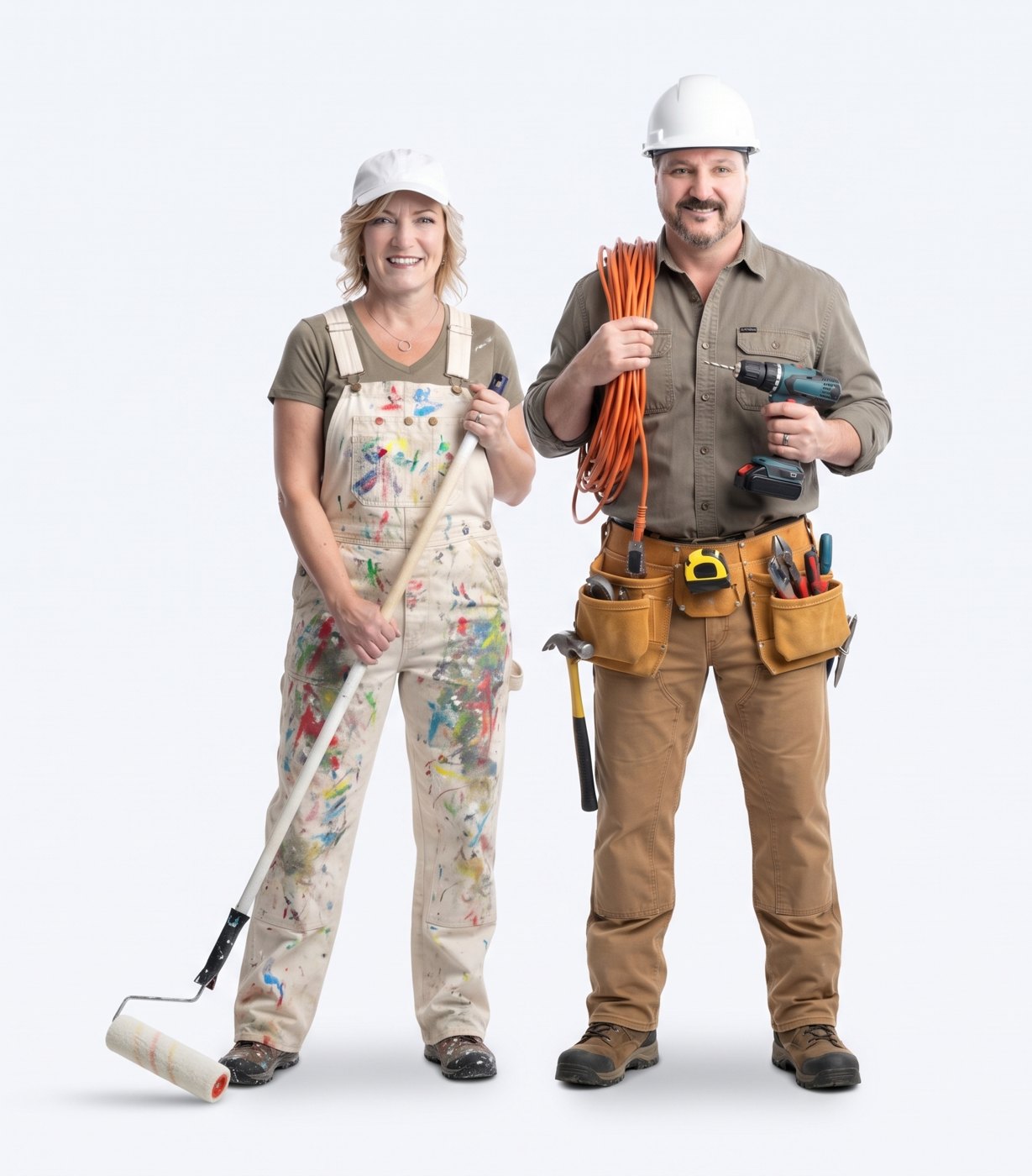 A painter with a roller and a builder with a tool belt