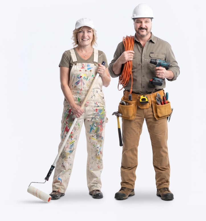 A painter with a roller and a builder with a tool belt