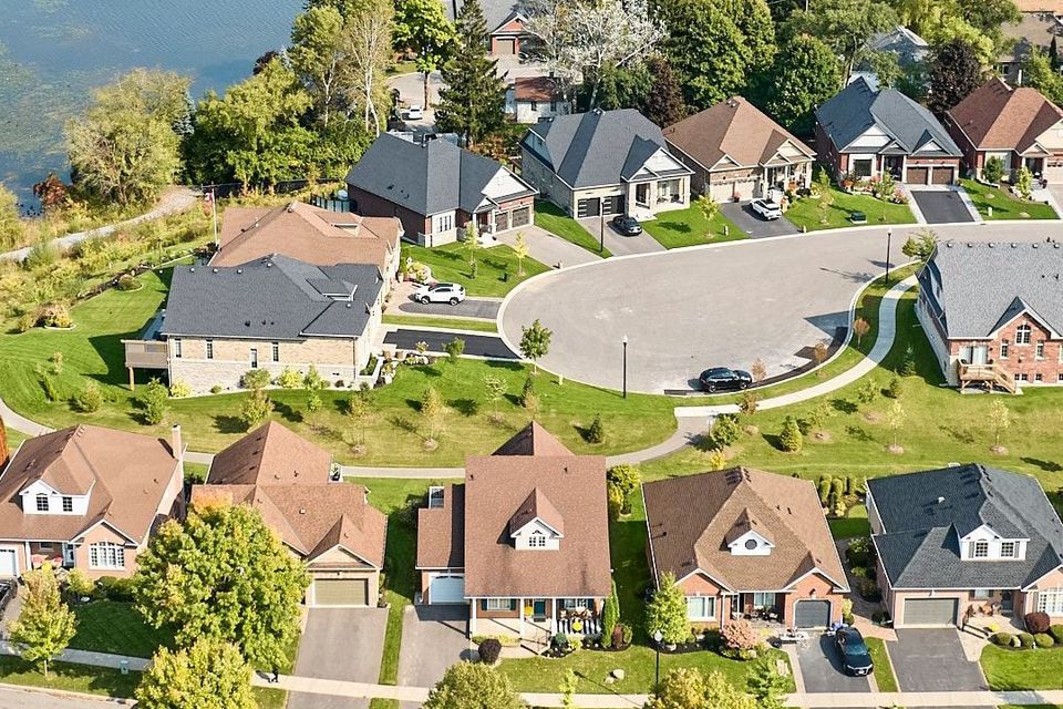 Aerial view of a Durham Region neighbourhood of detached homes