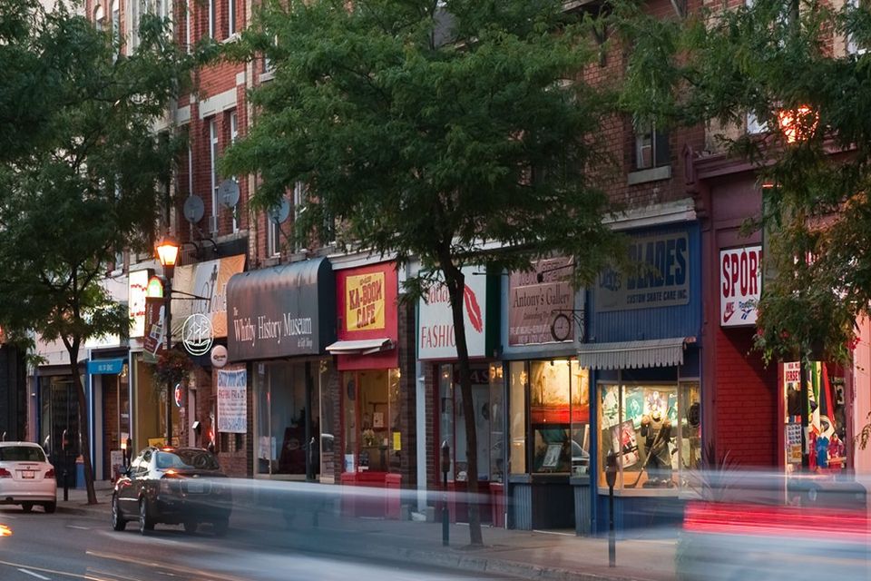 A main street in Whitby at dusk